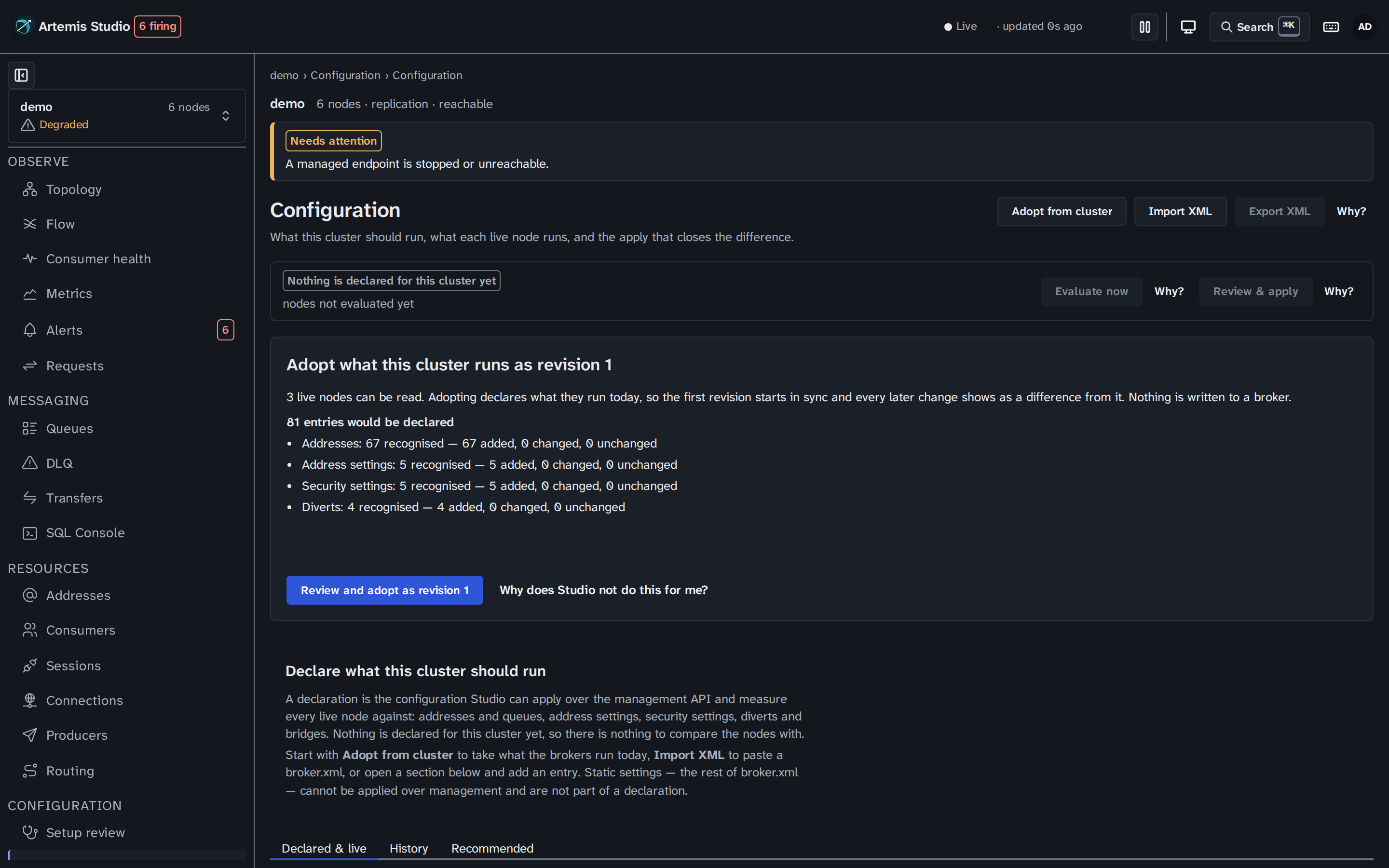 A cluster with live nodes and no declaration, offering to adopt what it runs as revision 1, with the counts per section and the reason Rahdar will not do it on its own