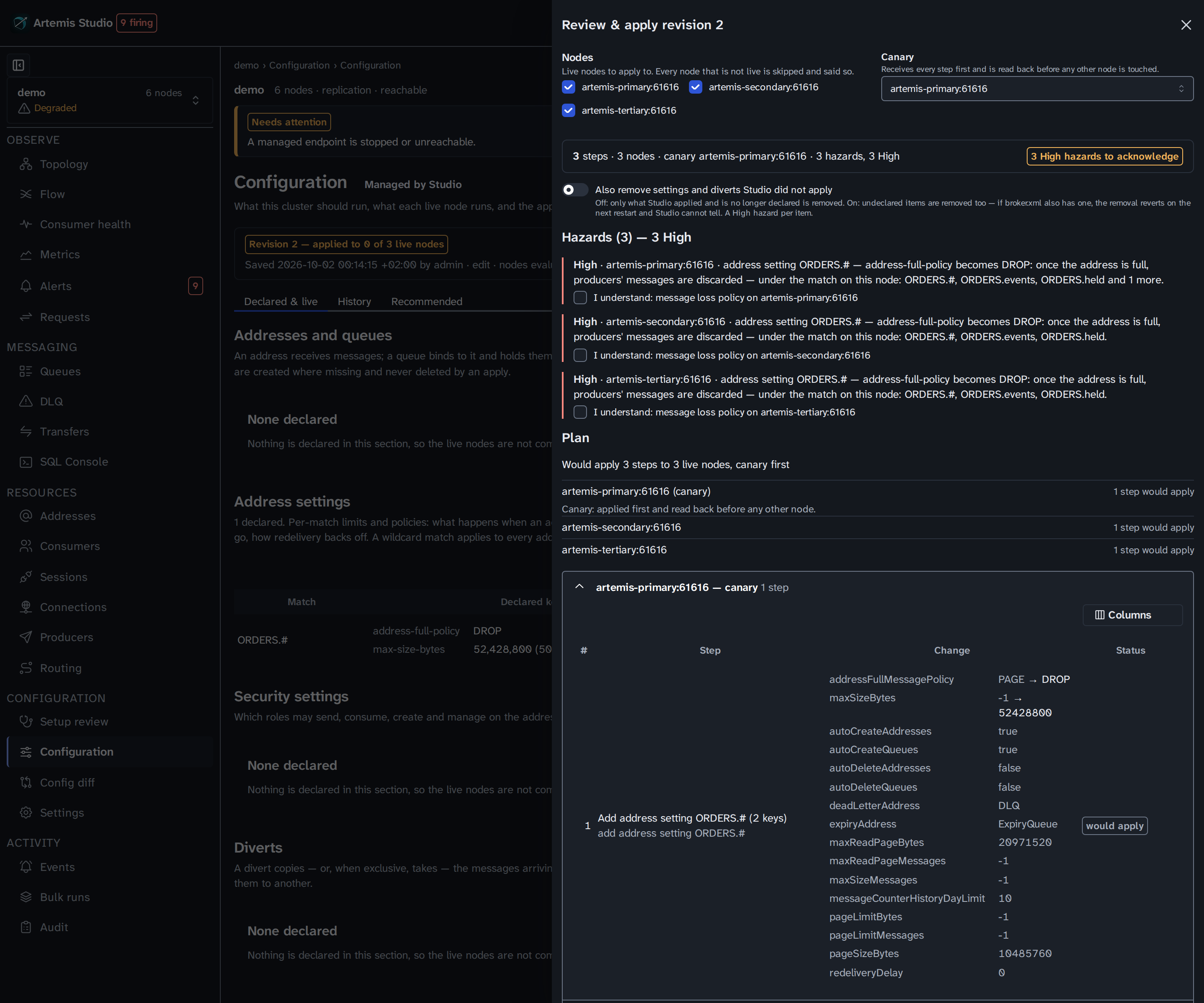 A plan on one node: the sticky summary bar, a High hazard with its acknowledgement, and the step read as a diff — the two keys that move above the keys the write also carries