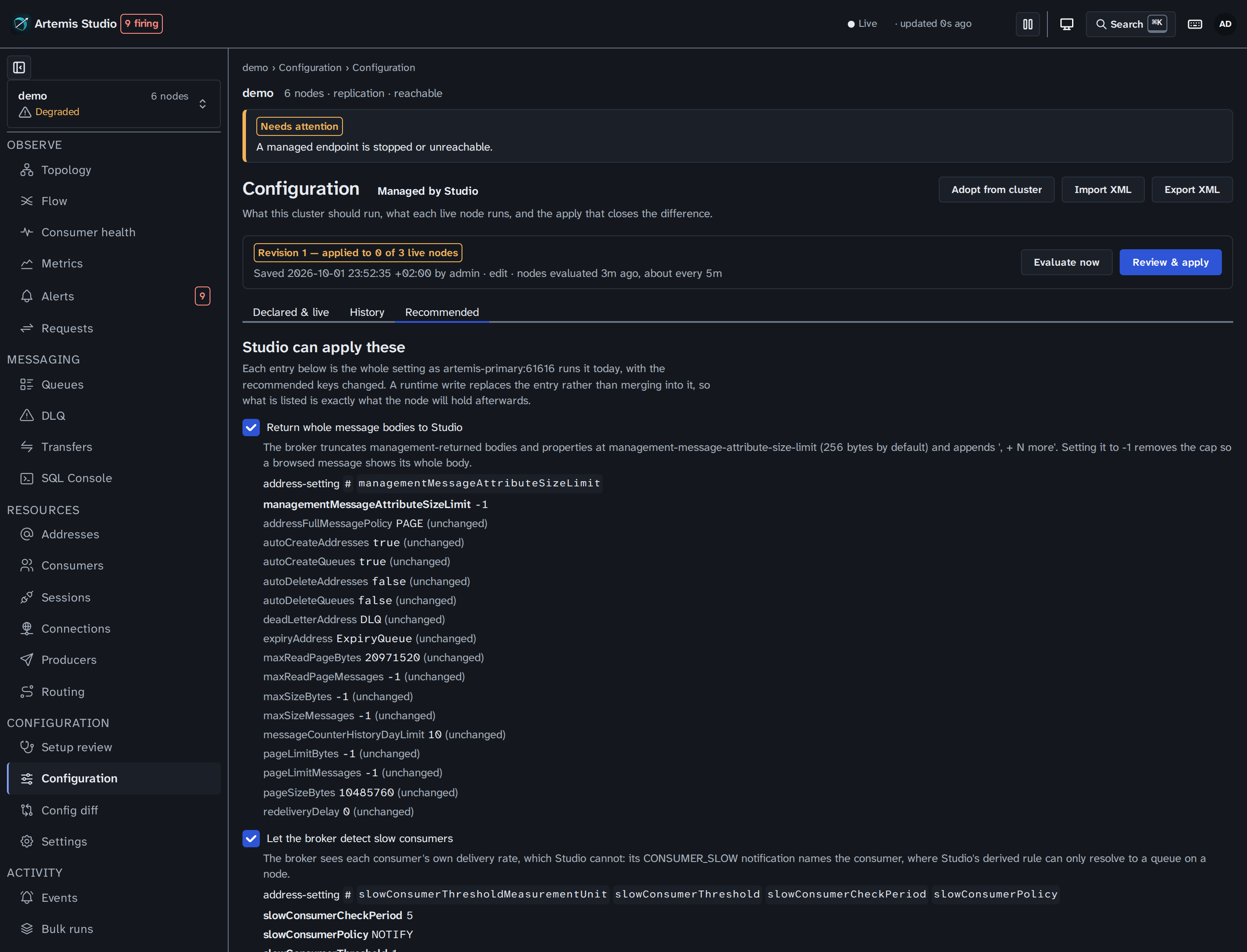 The Recommended tab: two settings Rahdar can apply, each shown as the whole entry the node runs today with the recommended keys in bold above the keys the write also carries